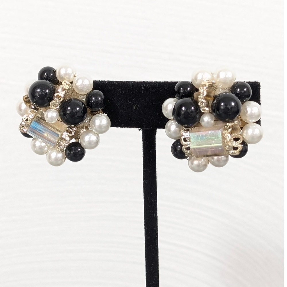Vintage Japan Clip On Earrings AB Crystal‎ Faux Pearl Black White Cluster